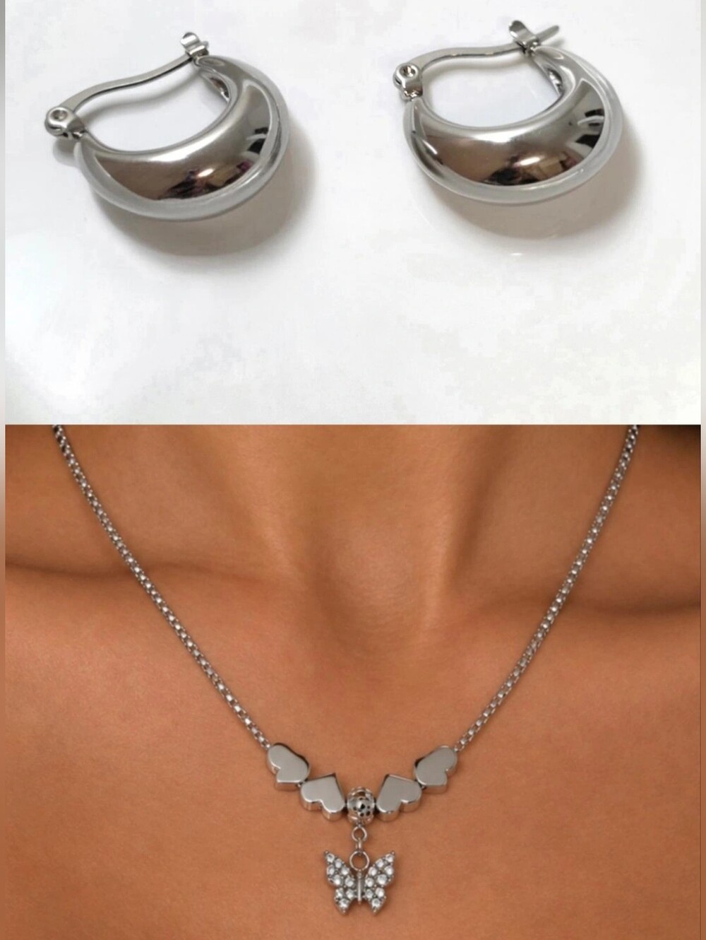 SS Boat Hoop Earring & Butterfly Heart 18"  Necklace Set